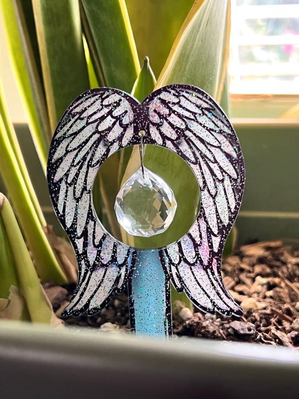 Handcrafted Iridescent Angel Wings Suncatcher with Crystal Garden Stake